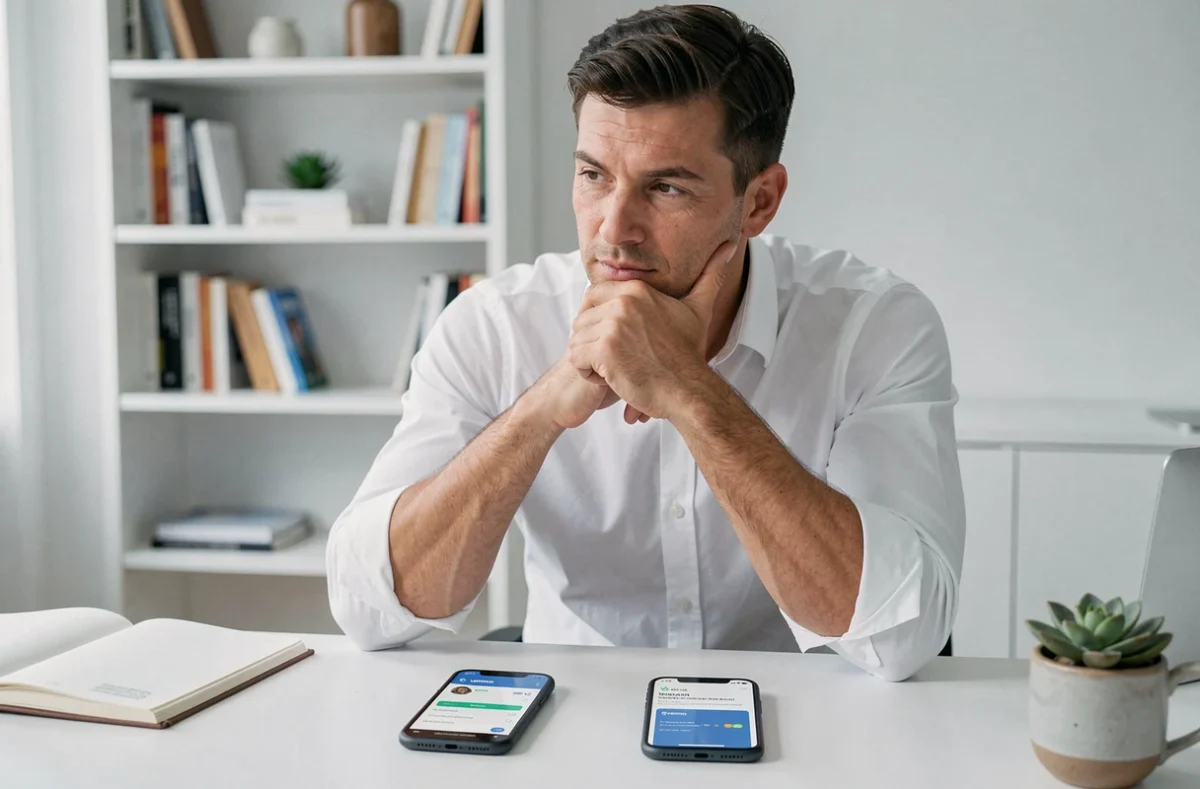 Homme comparant deux applications de paiement mobile sur son bureau à domicile