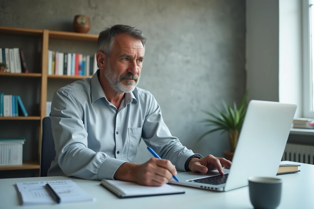 Homme comparant les taux d'épargne sur ordinateur portable dans un bureau moderne, pour optimiser son placement avant la prochaine révision du livret A