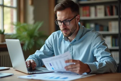 Homme consultant un comparateur d'assurance emprunteur sur son ordinateur portable dans un bureau à domicile