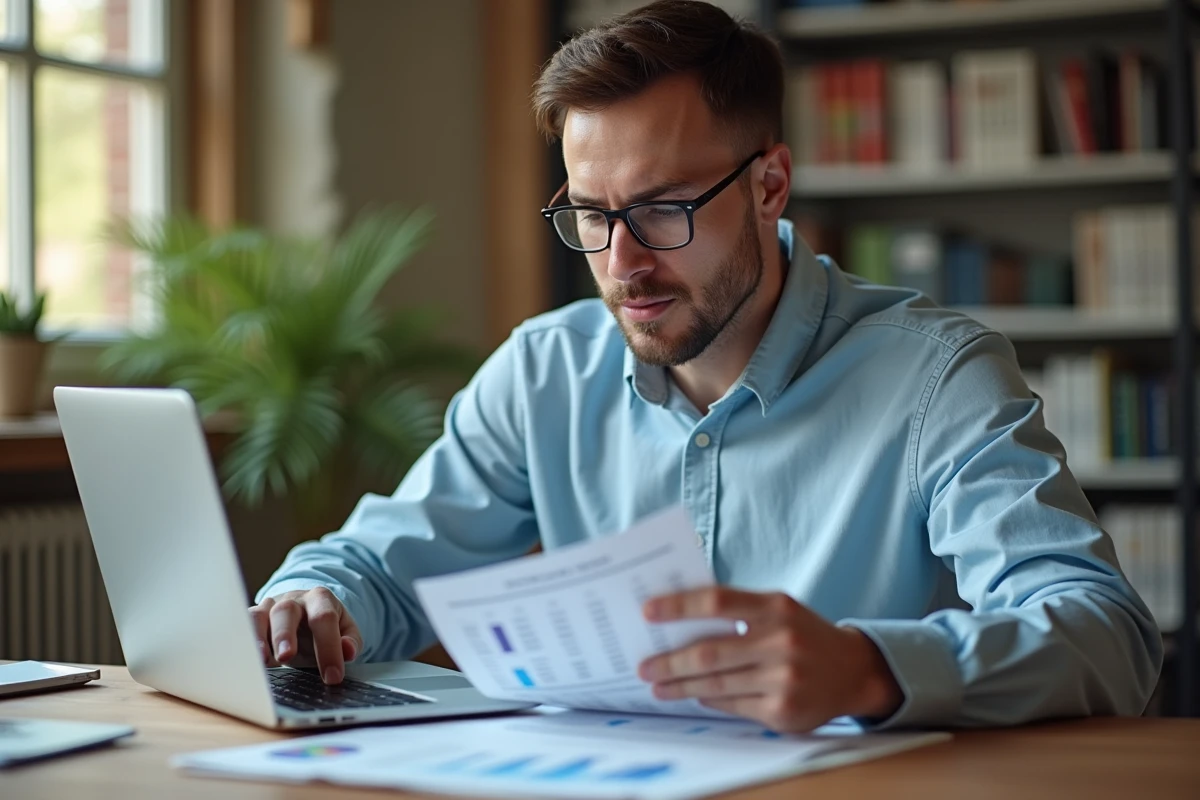 Homme consultant un comparateur d'assurance emprunteur sur son ordinateur portable dans un bureau à domicile