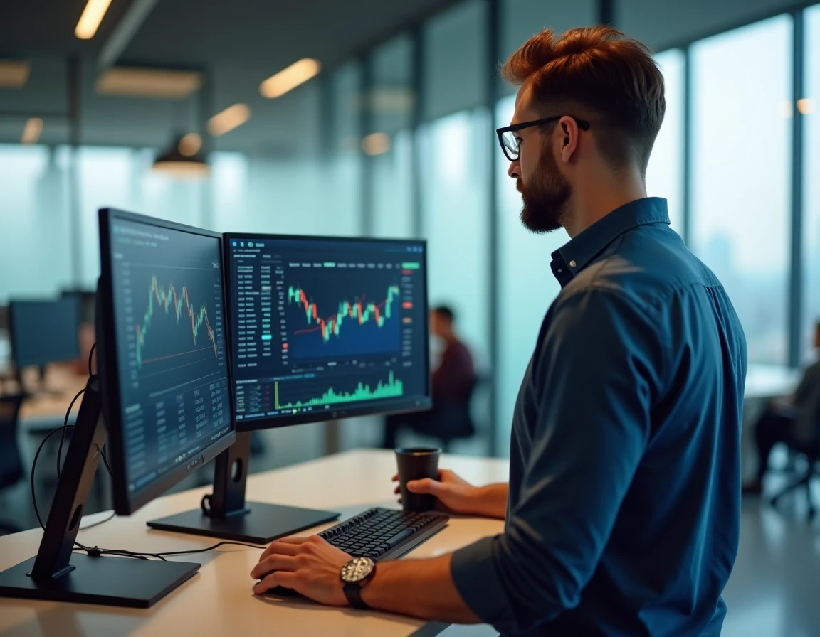 Homme en tenue décontractée gérant son compte boursier Bourse directe sur double écran dans un bureau moderne