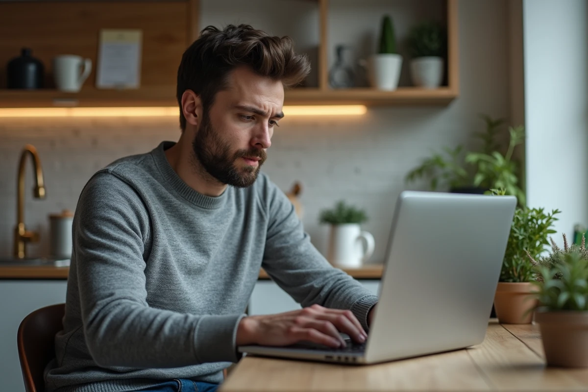 Homme à la maison se connectant à un site de prestations sociales