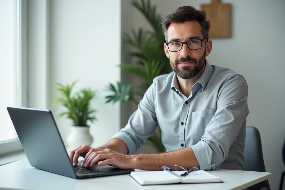 Homme analysant son compte bancaire en ligne sur un ordinateur portable dans un bureau moderne