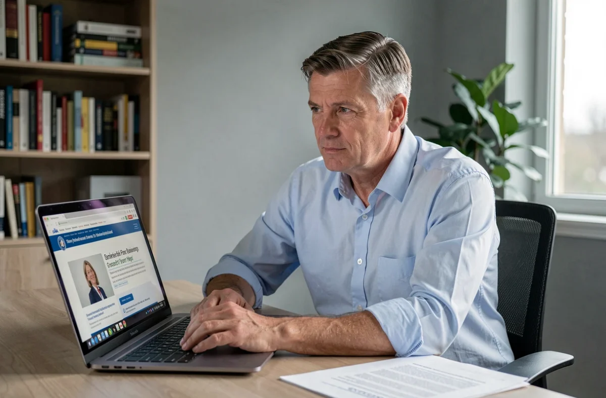 Homme consultant le site creances-publiques.fr pour vérifier une mention de petite créance