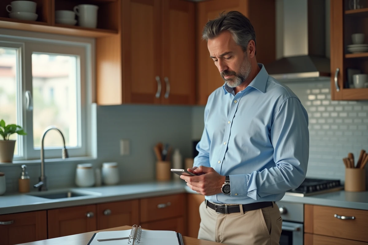 Homme d age moyen dans une cuisine tenant son smartphone