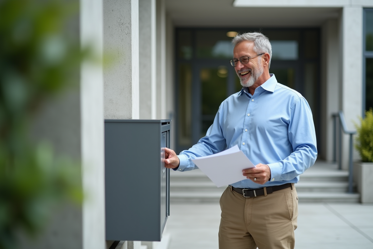 Homme déposé des lettres dans une boîte aux lettres extérieure