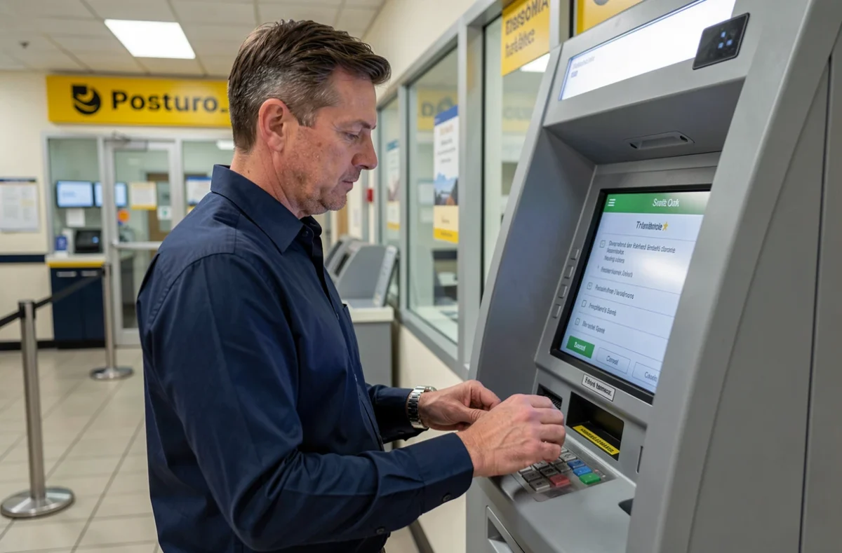 Homme vérifiant son plafond de retrait sur un distributeur automatique La Poste