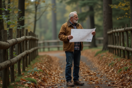Homme d'âge moyen examine un plan dans la forêt automnale