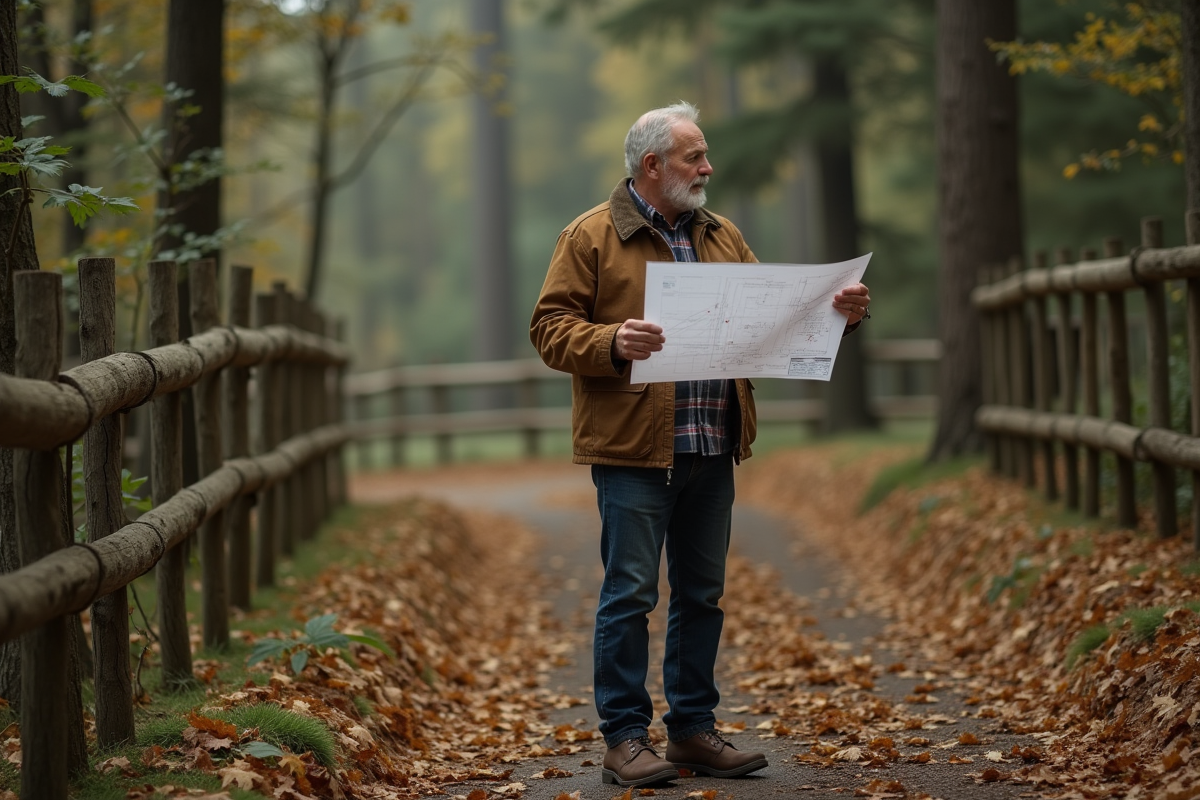 Homme d'âge moyen examine un plan dans la forêt automnale