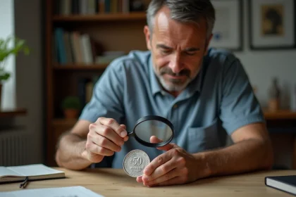Homme examinant une pièce de 50 Francs en argent