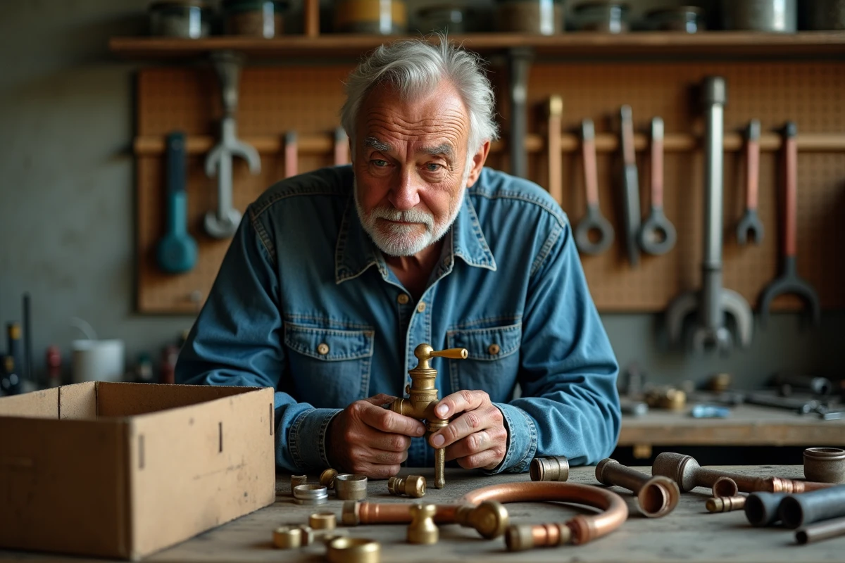 Un homme âgé examine un vieux robinet en laiton dans un atelier de garage entouré de raccords en cuivre et de tuyauteries usagées
