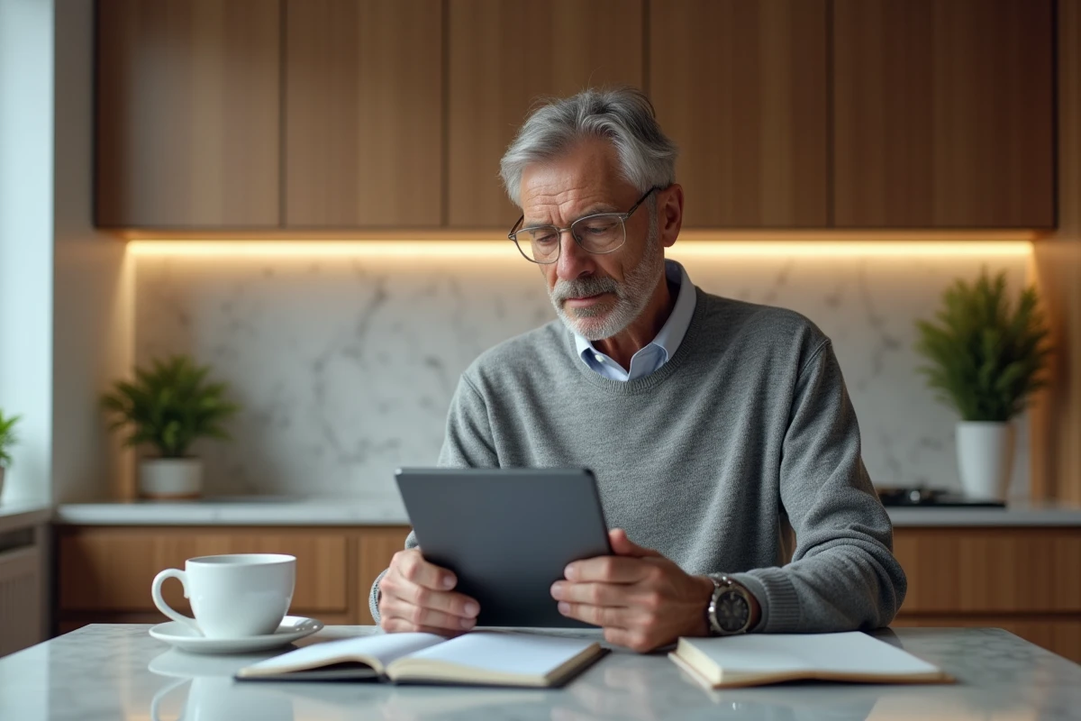 Homme mature utilisant une tablette dans une cuisine élégante