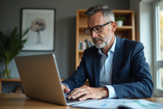 Homme d'âge moyen en costume bleu comparant des graphiques financiers