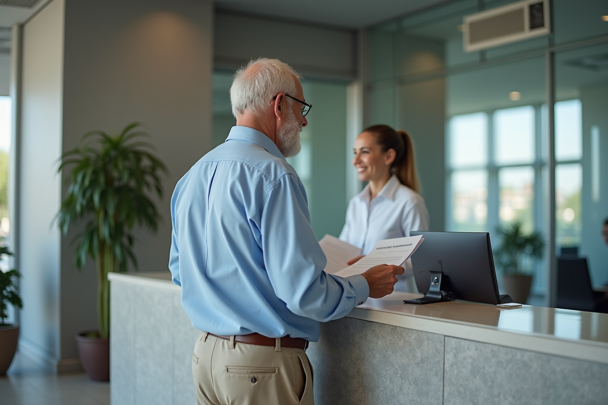 Homme âgé remettant des formulaires à un agent dans un bureau moderne