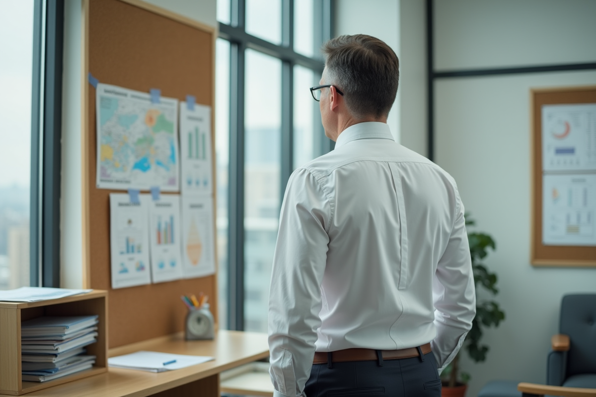 Homme en gestion district regardant un tableau de cartes et rapports
