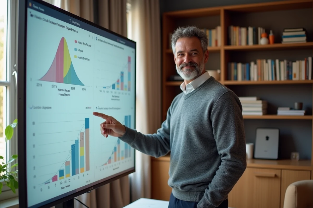 Homme consultant des graphiques de distribution salariale sur un écran dans un bureau à domicile