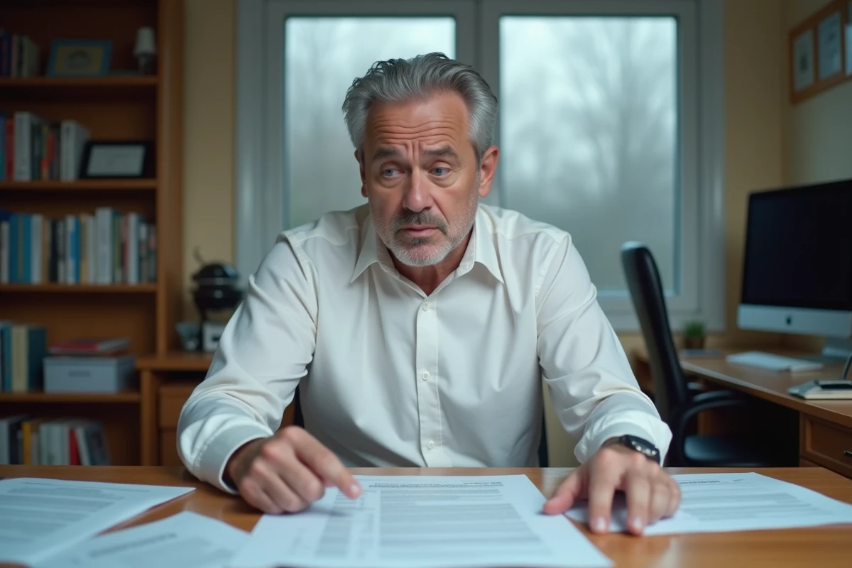 Homme inquiet consultant des documents officiels liés à un interdit bancaire à son bureau