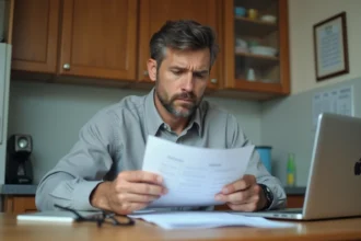 Homme d'âge moyen étudie des documents d'assurance à la maison