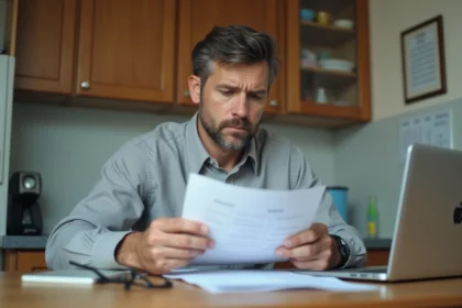 Homme d'âge moyen étudie des documents d'assurance à la maison