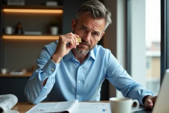 Homme d'âge moyen examinant une barre d'or dans un intérieur moderne