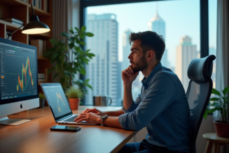 Homme concentré devant un ordinateur avec graphiques crypto