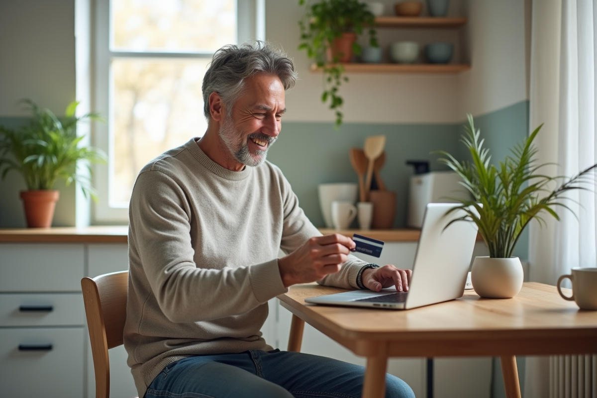 Homme souriant tapant sa carte sur un ordinateur portable dans la cuisine
