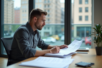 Homme en tenue smart casual examine des plans immobiliers