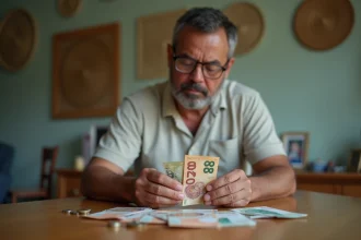 Homme polynesien comptant des billets et pièces sur une table