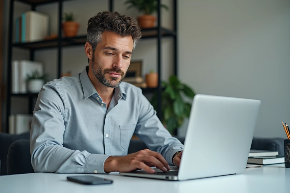 Homme rédigeant une lettre de résiliation d'assurance Chubb sur un ordinateur portable dans un bureau à domicile, avec un smartphone affichant une application d'opérateur téléphonique