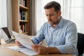 Homme d'une quarantaine d'années relisant attentivement un contrat d'assurance emprunteur à son bureau à domicile
