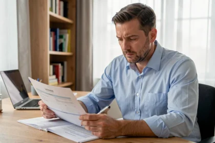 Homme d'une quarantaine d'années relisant attentivement un contrat d'assurance emprunteur à son bureau à domicile