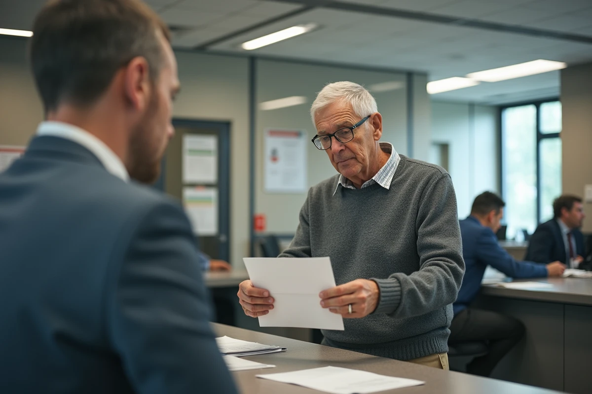 Homme âgé présente une enveloppe à un agent dans un bureau administratif