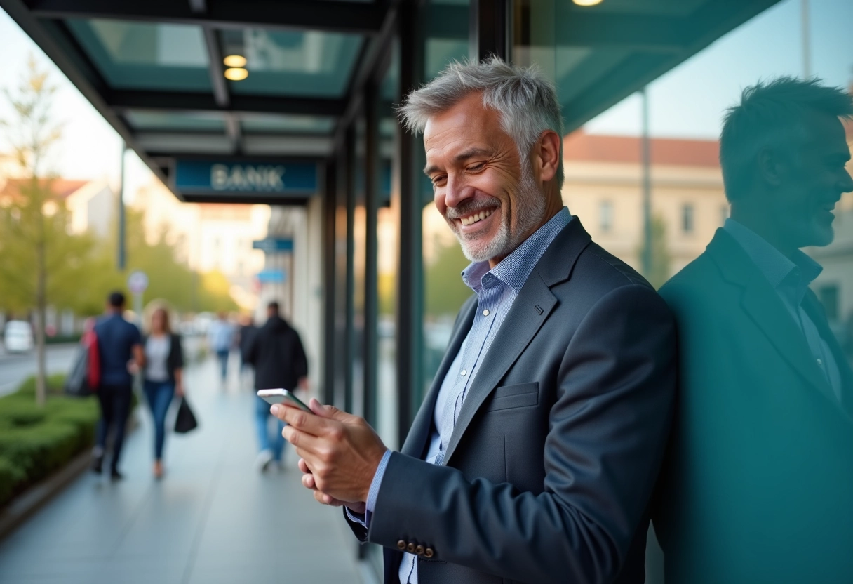 Homme souriant utilisant son smartphone dehors