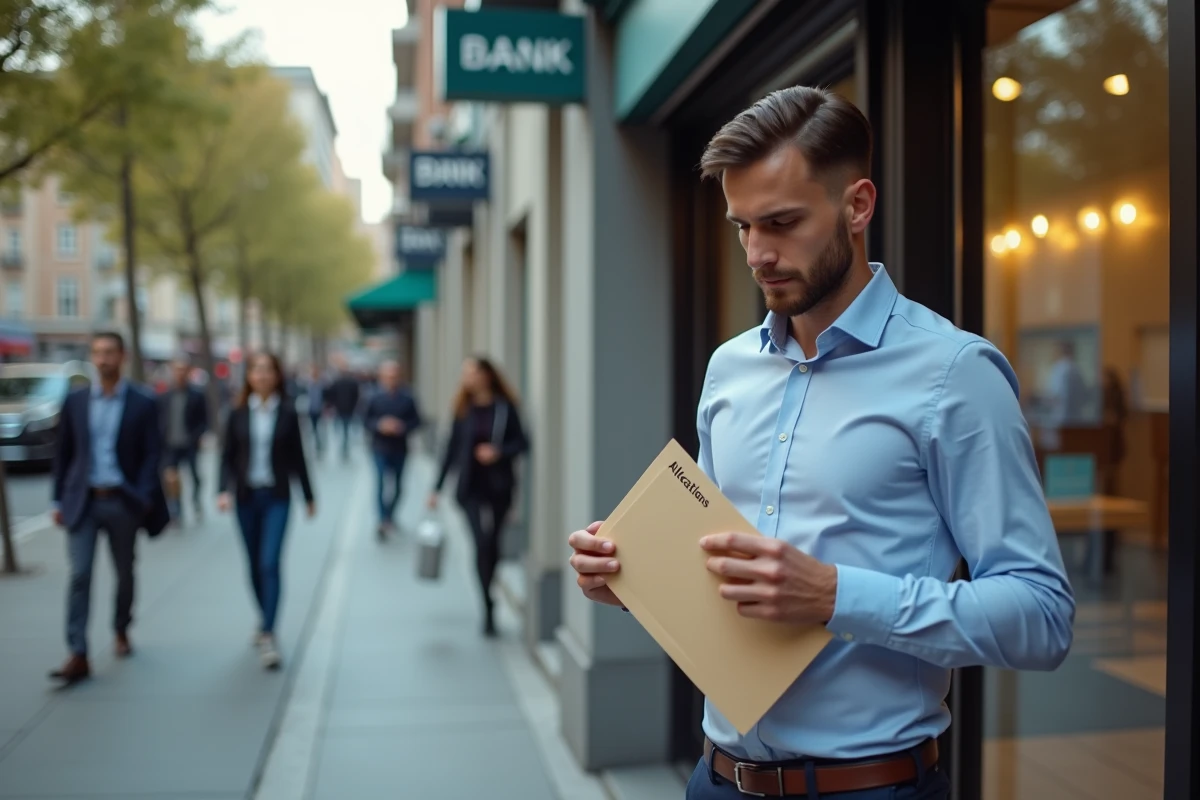 Homme regardant sa montre devant une agence bancaire en ville