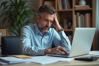 Homme stressé examinant des documents financiers à son bureau avec un taux d'endettement élevé