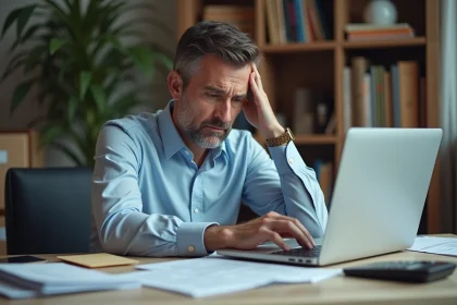 Homme stressé examinant des documents financiers à son bureau avec un taux d'endettement élevé