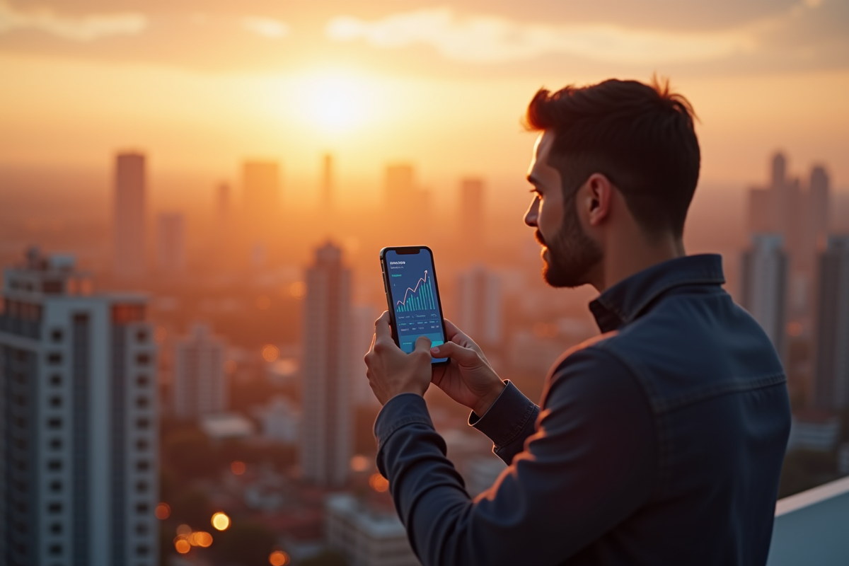 Homme confiant tenant un smartphone avec croissance financière