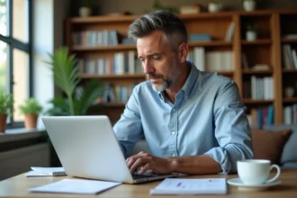 Homme d'âge moyen travaillant à son bureau à domicile
