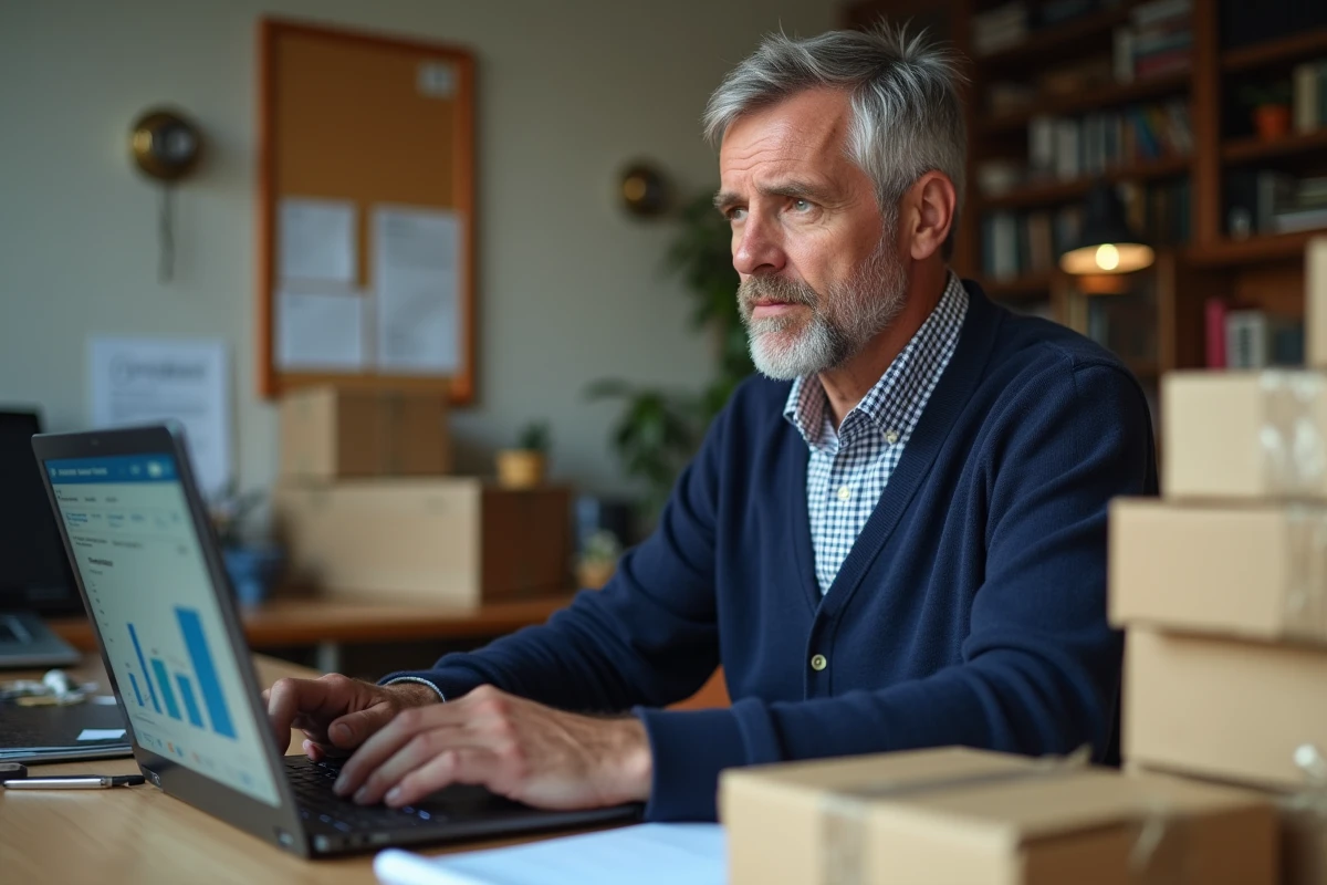 Homme travaillant sur ordinateur avec colis dans un bureau à domicile