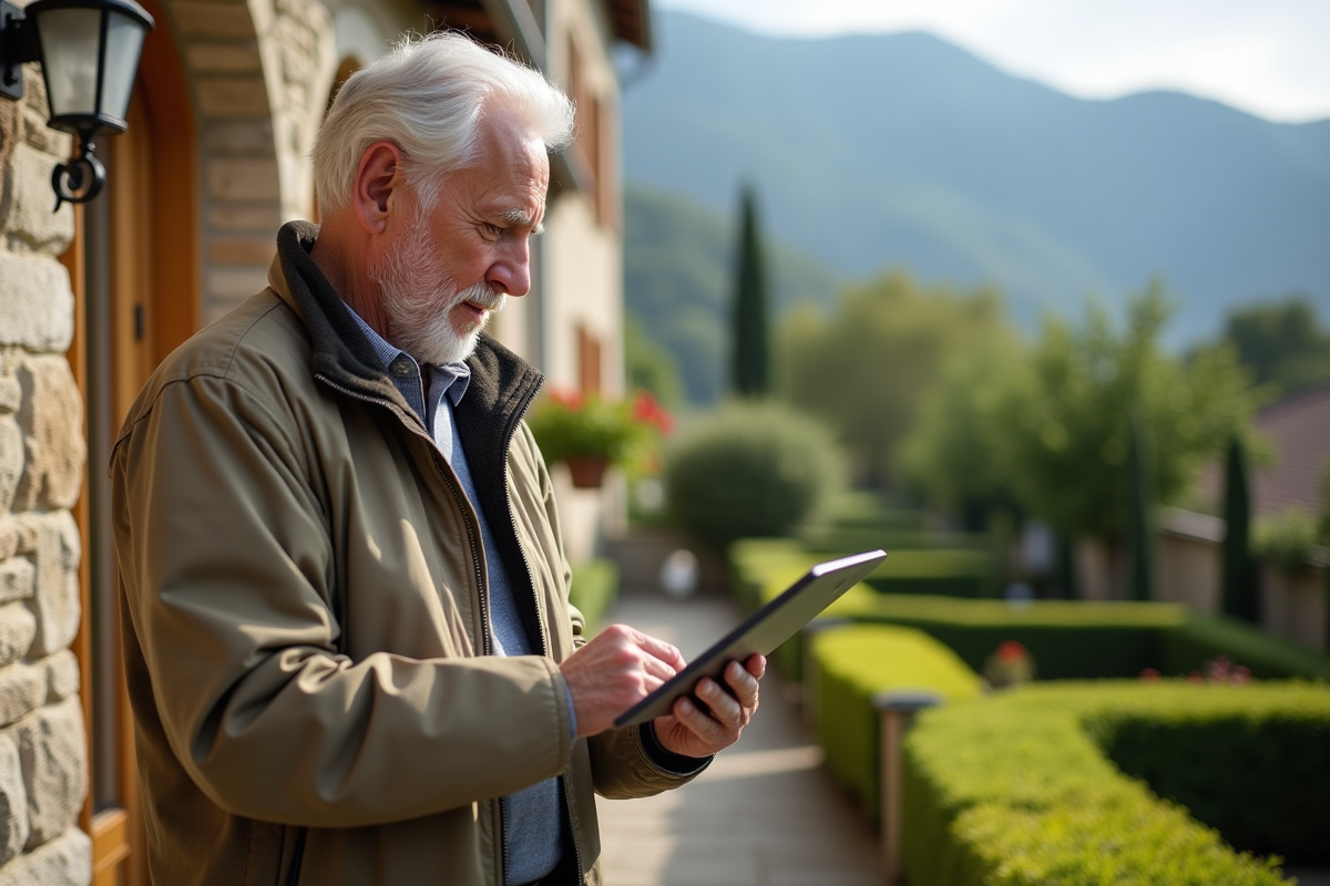 Homme âgé vérifiant des informations fiscales devant une maison en pierre