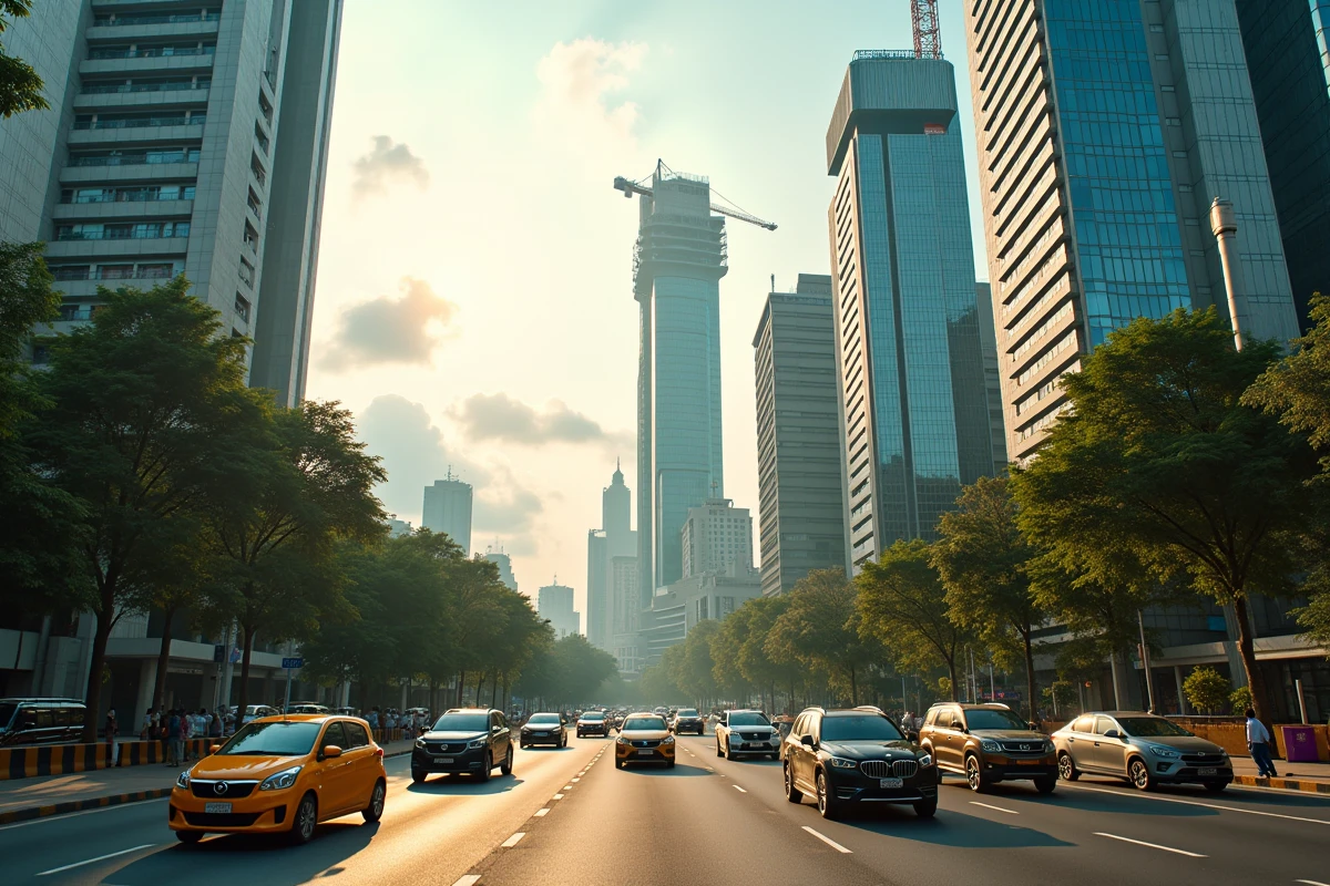 Le complexe financier de Bandra-Kurla à Mumbai avec des gratte-ciels modernes et une circulation animée, symbolisant la croissance économique de l'Inde
