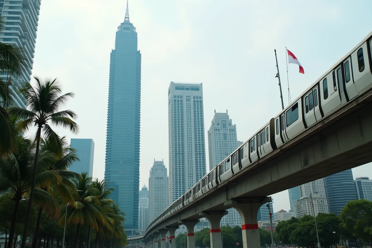 Le quartier d'affaires de Jakarta avec les tours du Sudirman Central Business District et le métro aérien, symbole de l'économie indonésienne