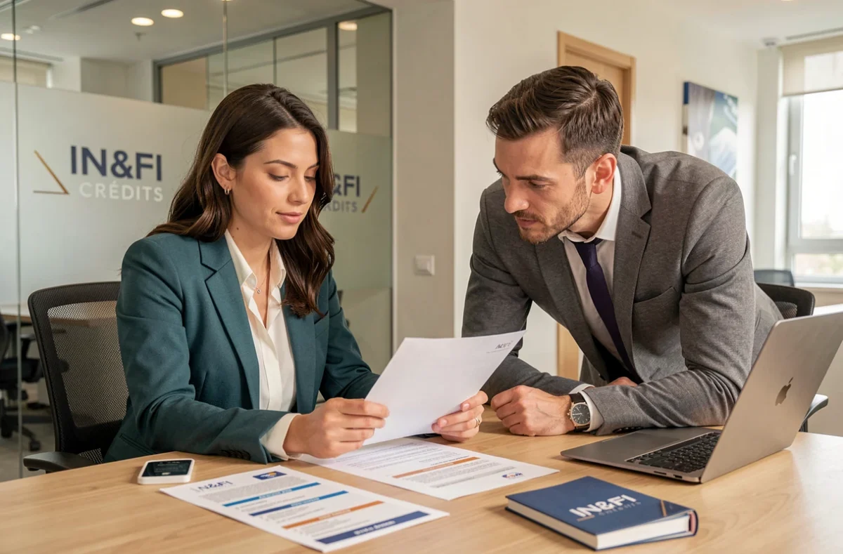 Une conseillère IN&FI Crédits étudie un dossier de prêt immobilier avec un client dans l'agence
