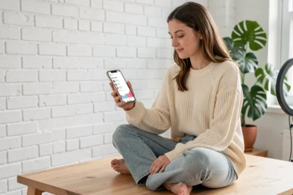 Jeune influenceuse TikTok analysant ses revenus et statistiques sur son smartphone dans un bureau minimaliste à domicile