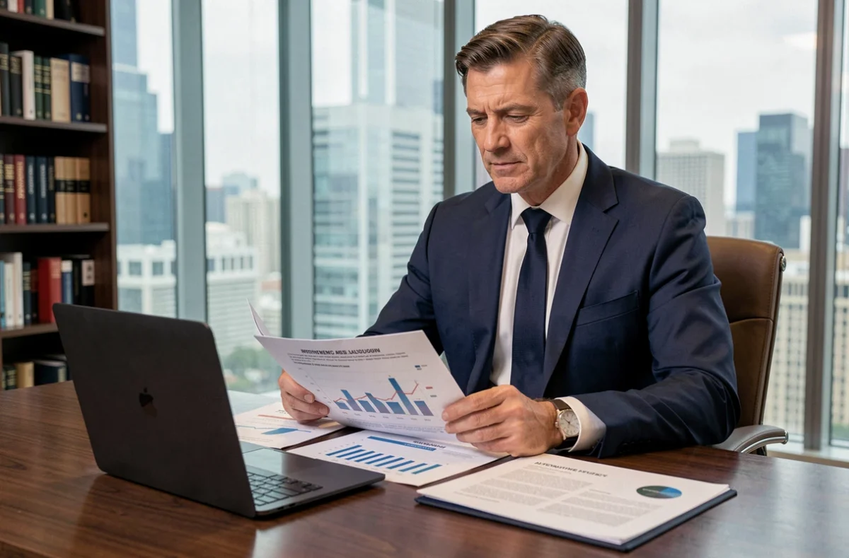 Investisseur prudent analysant des rapports sur les investissements alternatifs dans un bureau moderne avec vue sur la ville