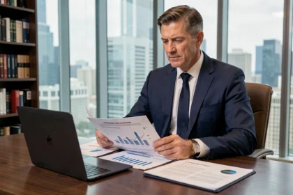 Investisseur prudent analysant des rapports sur les investissements alternatifs dans un bureau moderne avec vue sur la ville