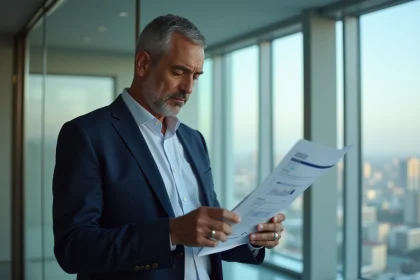 Homme d'affaires en costume bleu examine un rapport Airbus