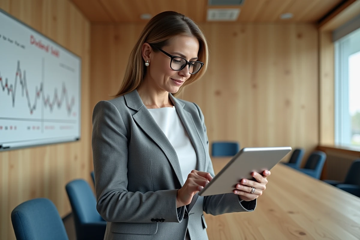 Investisseuse en blazer gris consultant des données de rendement boursier sur tablette dans une salle de réunion