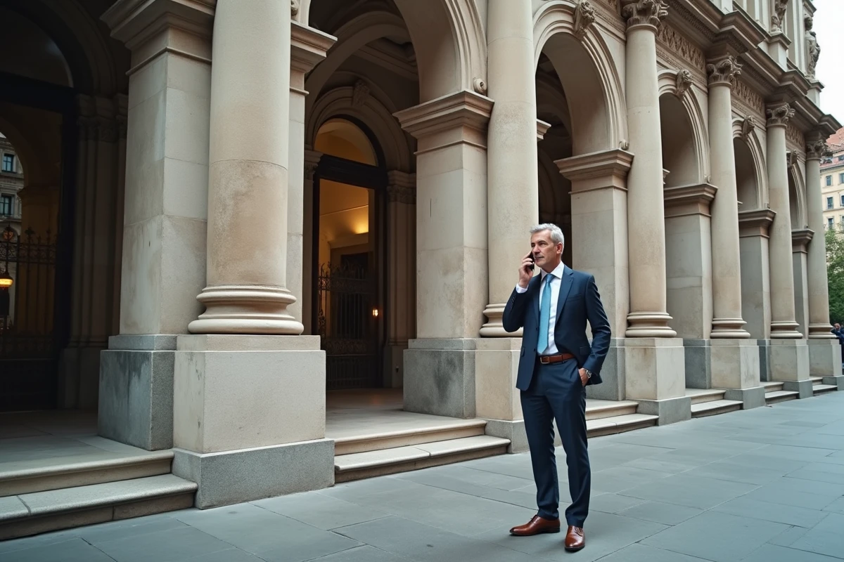 La façade de la Borsa Italiana à Milan avec un homme d'affaires, représentant l'économie de l'Italie