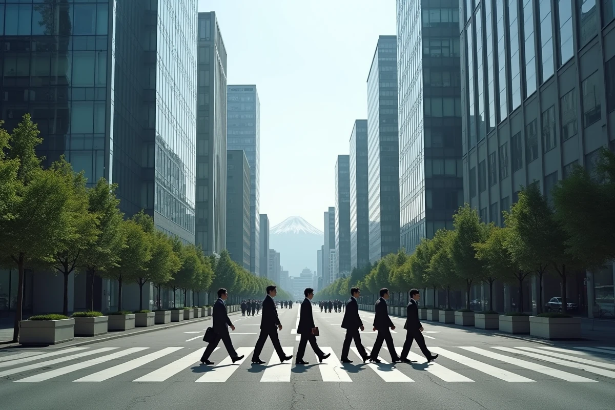 Le quartier d'affaires de Marunouchi à Tokyo avec des immeubles de bureaux et des salariés japonais, représentant l'économie du Japon